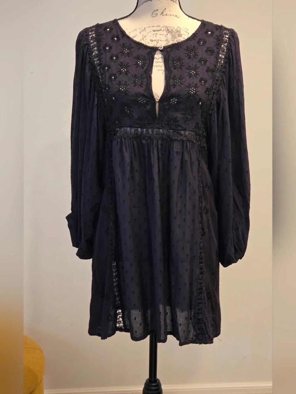 Free People Embroidered Deep Plum Swiss Dot Mini Dress,Size M.